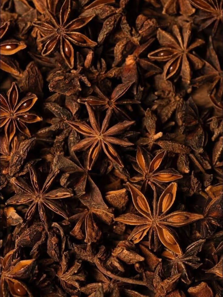 A close-up, top-down view of whole star anise spices piled together, showing their characteristic dark brown, dried, and textured eight-pointed star shapes.